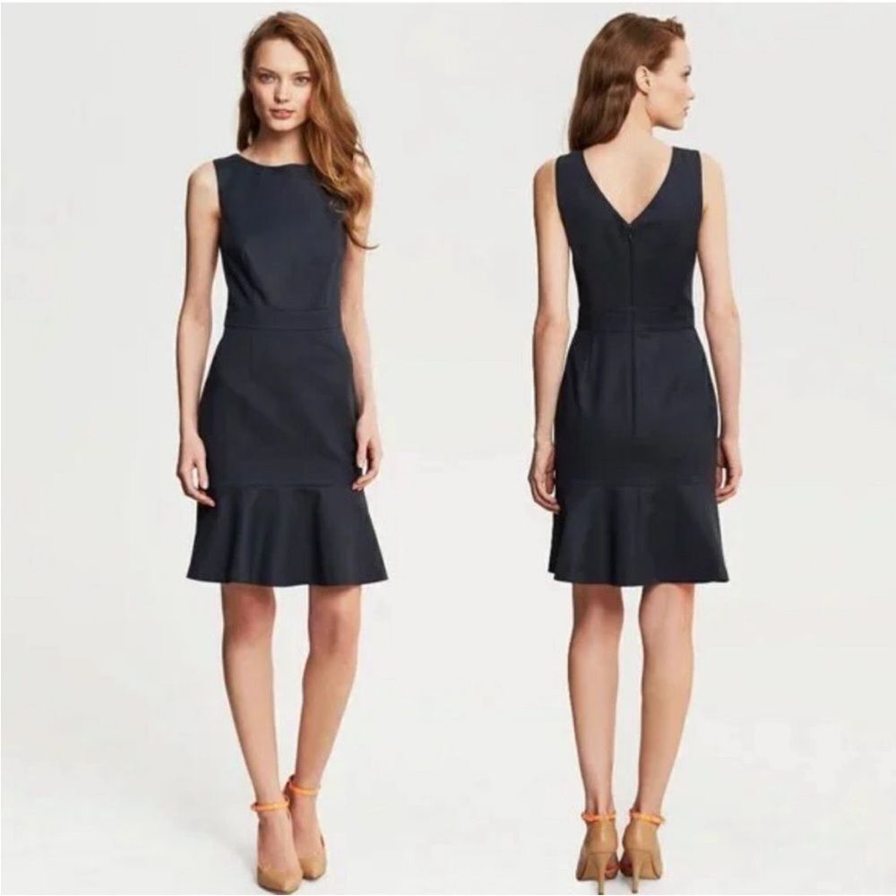Banana Republic Sleek Suit Flounce Dress Navy Blue Ruffle Hem 6